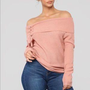 Tie me down off shoulder sweater